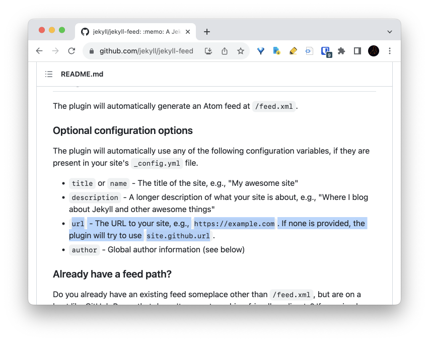 A screenshot of the jekyll-feed readme, showing the `url` key